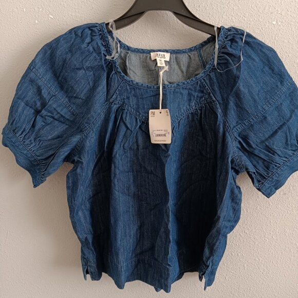 a.n.a Denim Womens U Neck Short Sleeve Blouse, Dark Wash Sz PM - Picture 5 of 8